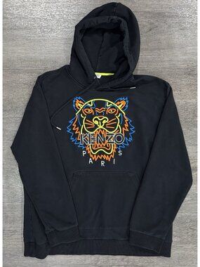 Kenzo Paris Hoodie Men’s Black Embroidered Neon Tiger Logo Pullover Size Large